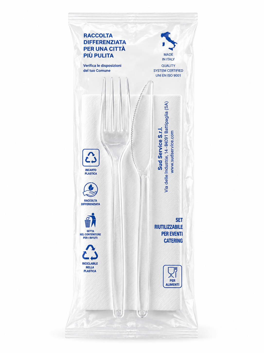 Bis Posate Monouso con Coltello, Forchetta e Tovagliolo 30x30 – Kit Posate Horeca per Ristorazione e Take Away