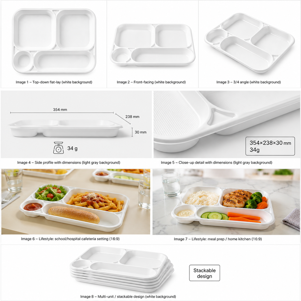 DISPOSABLE 4-COMPARTMENT TRAY IN WHITE PS 238X354MM H30 G 34