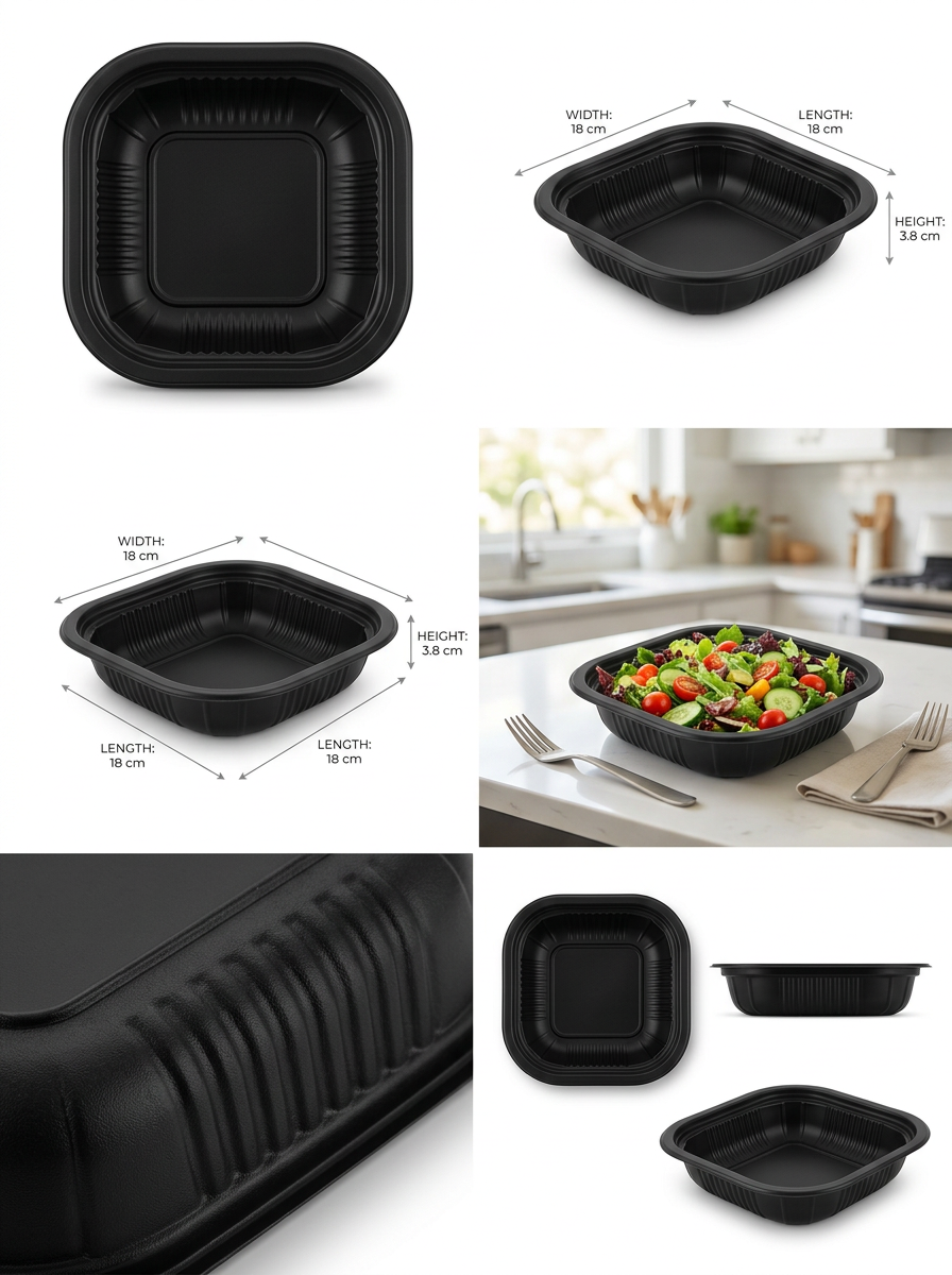 PIATTO QUADRATO TERMOSALDABILE IN PP NERO MM 180X180 H 38 G 11