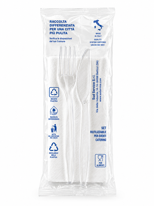 Bis Posate Monouso con Coltello, Forchetta e Tovagliolo 30x30 – Kit Posate Horeca per Ristorazione e Take Away