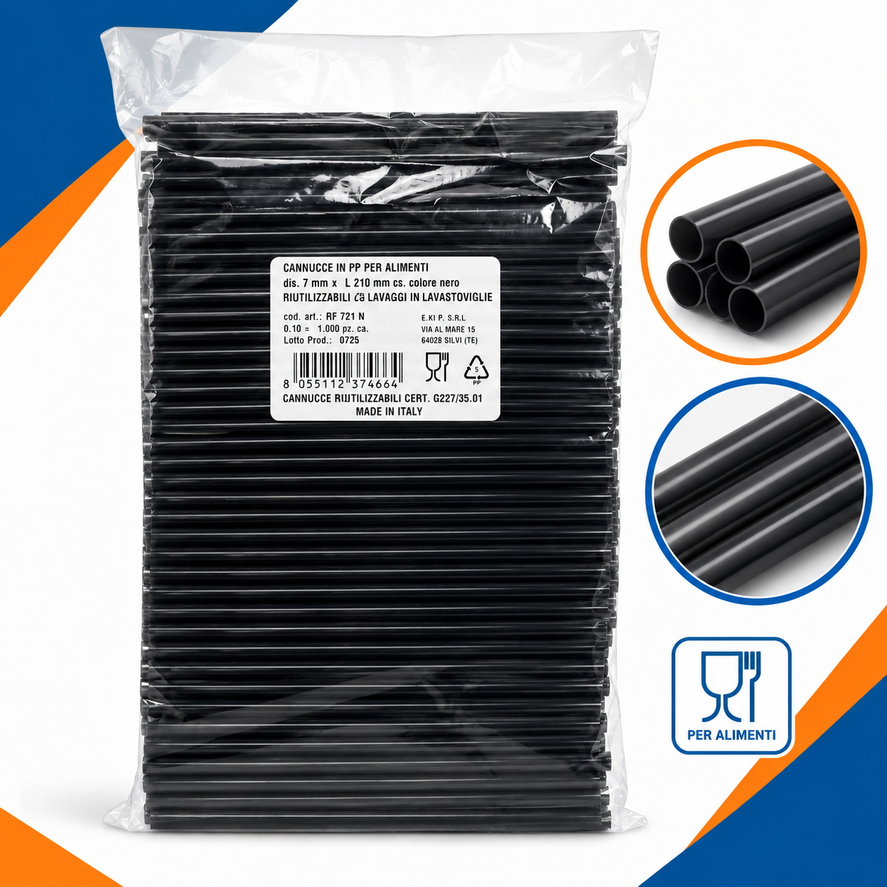 Cannucce Riutilizzabili Nere in PP 21 cm Ø 7 mm – 1000 Pezzi