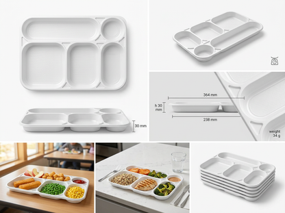 DISPOSABLE TRAY 5 COMPARTMENTS IN WHITE PS MM238X354 H30 G 34