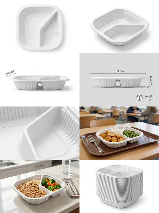 THERMOSEALABLE SQUARE PLATE TWO COMPARTMENTS PP WHITE MM 180X180 H 38 G 14