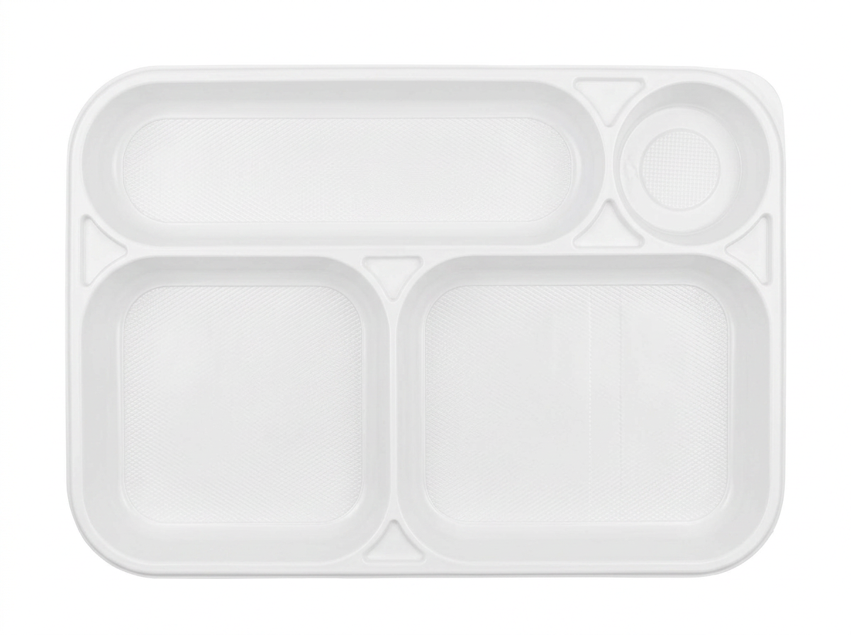 DISPOSABLE 4-COMPARTMENT TRAY IN WHITE PS 238X354MM H30 G 34