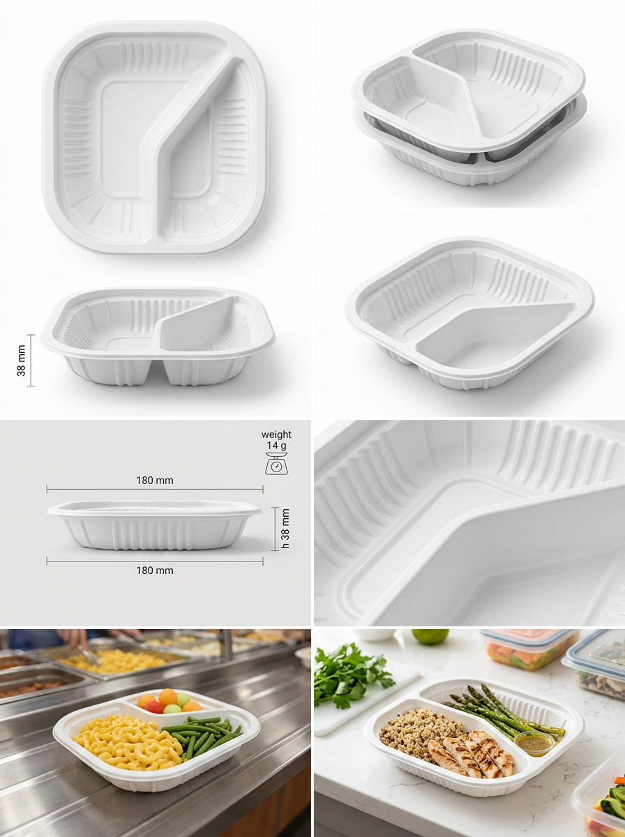 PIATTO QUADRATO BISCOMPARTO TERMOSALDABILE IN PP BIANCO MM 180X180 H 38 G 14