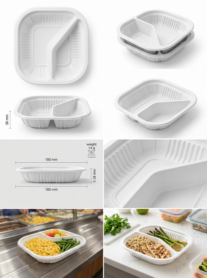 THERMOSEALABLE SQUARE PLATE TWO COMPARTMENTS PP WHITE MM 180X180 H 38 G 14