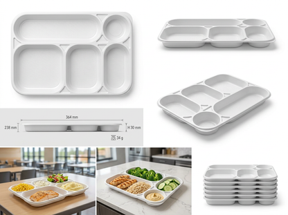 DISPOSABLE TRAY 5 COMPARTMENTS IN WHITE PS MM238X354 H30 G 34