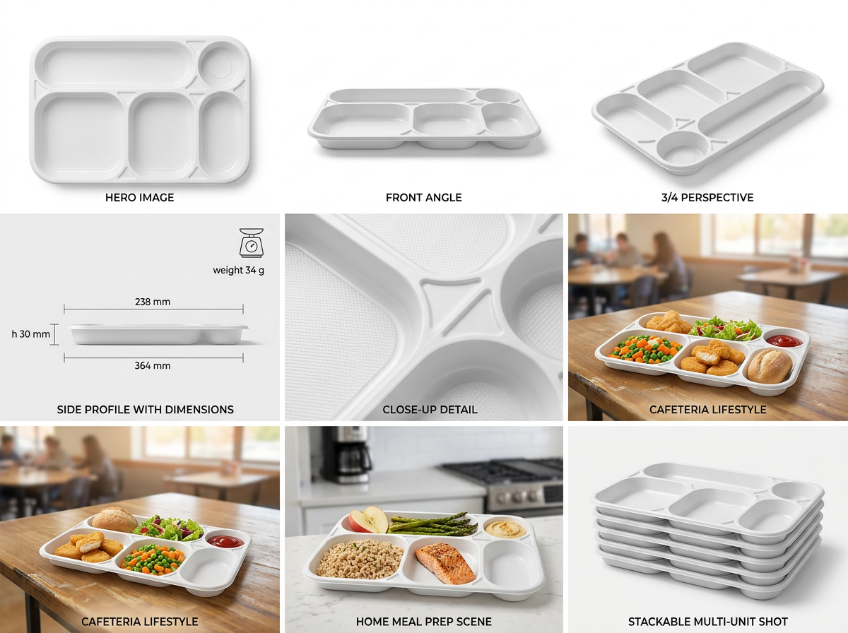 DISPOSABLE TRAY 5 COMPARTMENTS IN WHITE PS MM238X354 H30 G 34