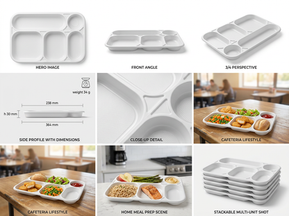 DISPOSABLE TRAY 5 COMPARTMENTS IN WHITE PS MM238X354 H30 G 34