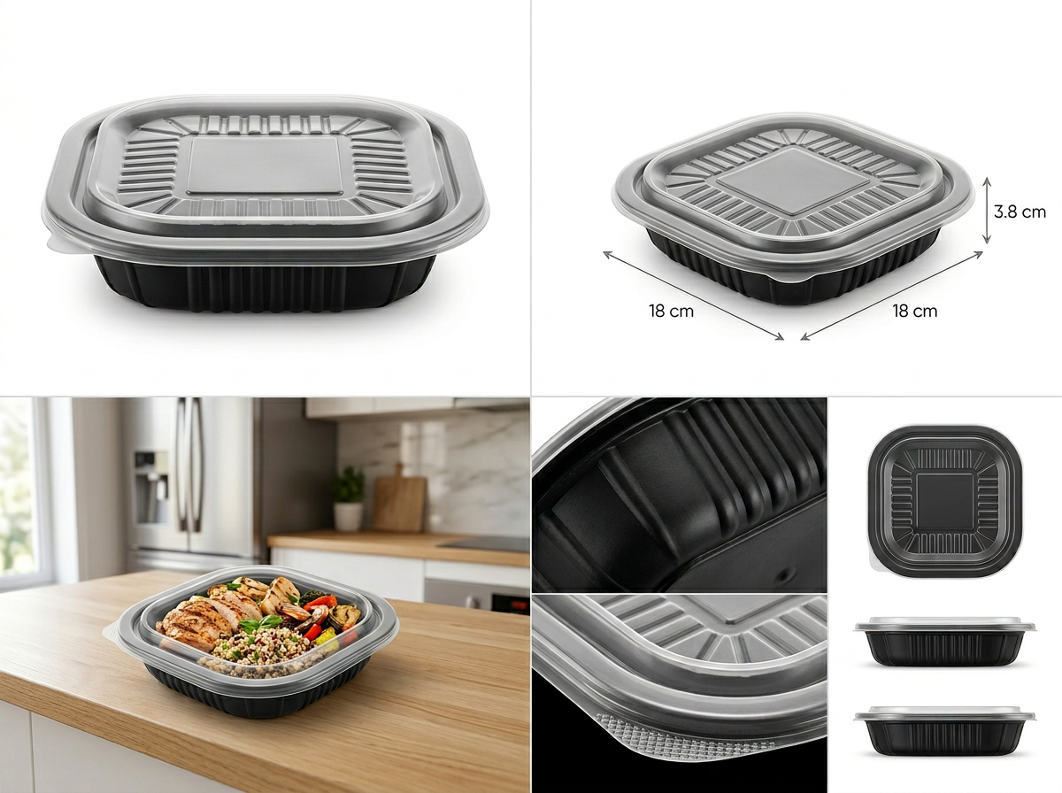 PIATTO QUADRATO NERO CM18X18X3,8H CON COPERCCHIO PER IL TAKE AWAY 50PZ + 50pz