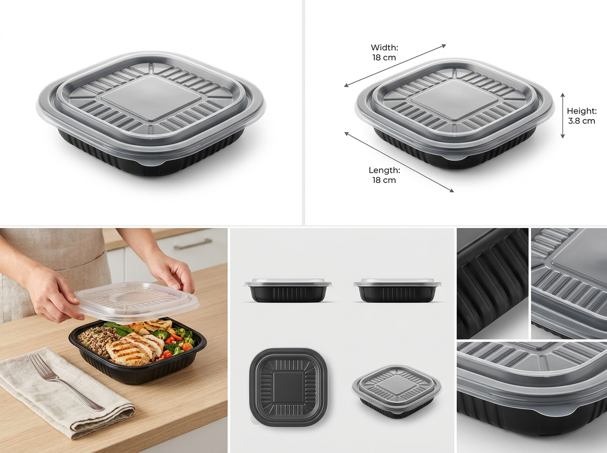 PIATTO QUADRATO NERO CM18X18X3,8H CON COPERCCHIO PER IL TAKE AWAY 50PZ + 50pz