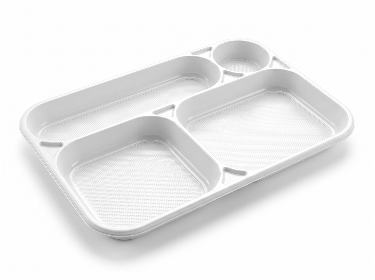 DISPOSABLE 4-COMPARTMENT TRAY IN WHITE PS 238X354MM H30 G 34