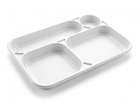 DISPOSABLE 4-COMPARTMENT TRAY IN WHITE PS 238X354MM H30 G 34
